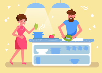 Husband and wife cook together in the kitchen Vector. Cartoon. Isolated art. Flat
