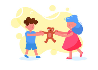 Children fight for a toy Vector. Cartoon. Isolated art on white background. Flat