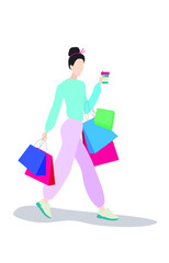 Woman shopping bags. Isolated fashion shopper girl silhouette in bright clothes. Vector Illustration. Woman with shopping bags and with cup of coffee walking.