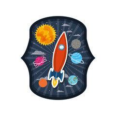 frame with rocket flying and planets of the solar system