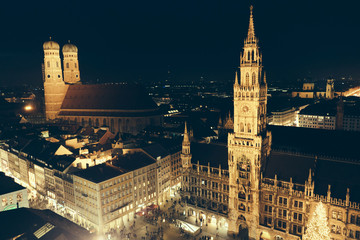 Aerial view of the tower from the Marienplatz square in Munich, Christmas festivities in Europe,...