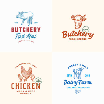 Farm Meat, Poultry and Dairy Logos Set. Abstract Vector Signs or Symbols Templates. Hand Drawn Domestic Animals and Birds with Retro Typography. Vintage Emblems.