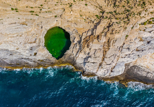 Aerial view at natural pool Giola, Thassos island, Greece