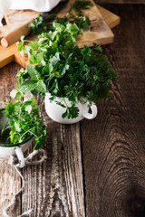 Obraz na płótnie Canvas Fresh culinary and aromatic herbs plant in rural mug