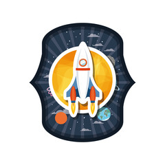 frame with rocket flying and planets of the solar system