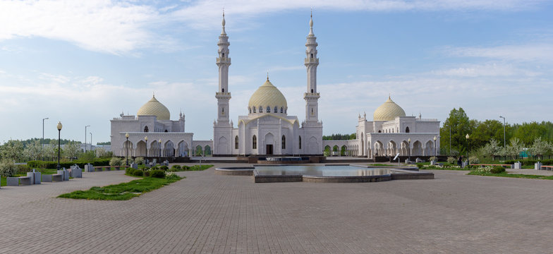 Day panorama of the spring white mosque