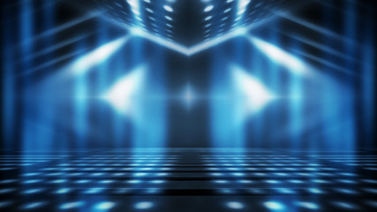 Background of empty stage show. Neon light and laser show. Laser futuristic shapes on a dark background. Abstract dark background with neon glow