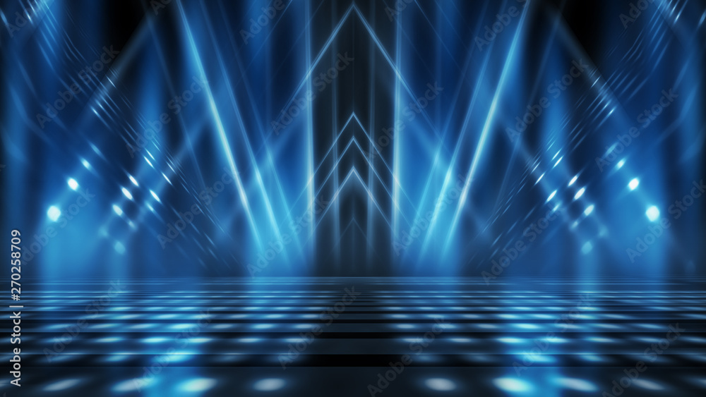 Poster background of empty stage show. neon light and laser show. laser futuristic shapes on a dark backgro