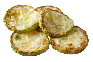Fried several zucchini on a white background close-up.