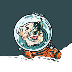 Vector poster with hand drawn dog in space suite. Funny puppy in orange jumpsuit for postcard, flyer of International Day of Human Space Flight. Belka first dog in space. World Cosmonautics Day poster