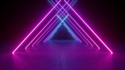 abstract neon background, flight forward through triangular corridor, appearing glowing pink blue lines, ultraviolet spectrum - Powered by Adobe