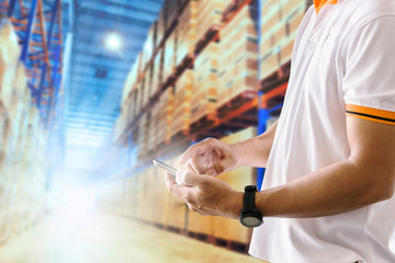 young man hand holding smartphone his contact shipping with customers.