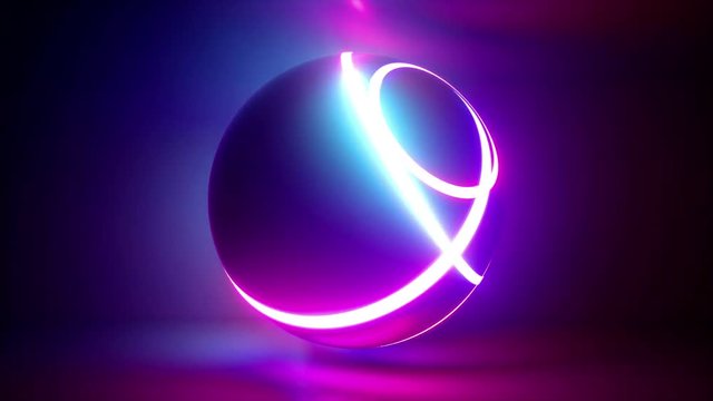 3d render, abstract background with isolated ball illuminated with pink and blue neon light, ring ripples, seamless animation