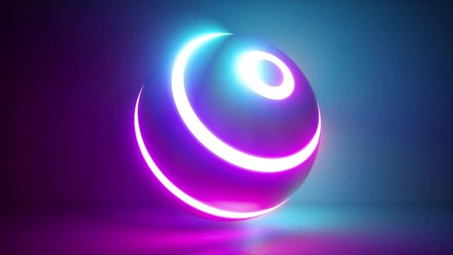 3d rendering, abstract neon background, white rings going over ball illuminated with pink blue light, isolated object in ultraviolet spectrum, looped animation