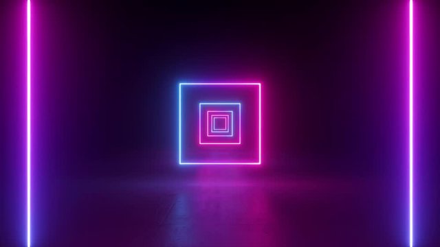 abstract neon background, flying back through rectangular corridor, long tunnel, appearing glowing pink blue square shapes, ultraviolet spectrum
