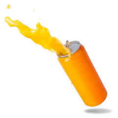 Orange soda splashing out of canned isolated on white background.