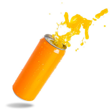 Orange Soda Splashing Out Of Canned Isolated On White Background.