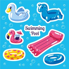 Inflatable swimming float set. Cute water toys flamingo, swan, rings floats. Beach party vector summer stickers. Trendy doodle illustration. Vector flat style cartoon inflatable items on blue