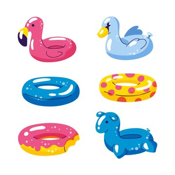Pool cute kids inflatable floats, vector isolated design elements. Unicorn, flamingo, swan ball, donut icons isolated on white background.