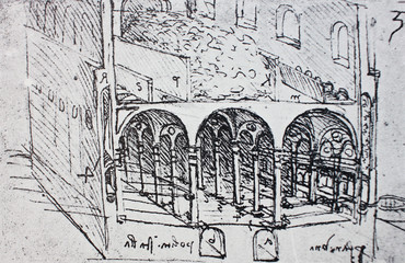 The sketch of interior of building. Manuscripts of Leonardo da Vinci. Code B Folio 39 recto in the vintage book Leonardo da Vinci by A.L. Volynskiy, St. Petersburg, 1899 © wowinside