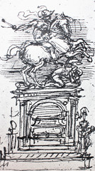 The sketch of statue of horseman by  Leonardo da Vinci in the vintage book Leonardo da Vinci by...