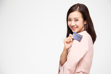 Happy Asian woman holding credit card or cash advances, Pay instead of money and specially curated...