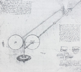 The mechanisms. Atlantic code 2 recto b. By Leonardo Da Vinci in the vintage book Leonardo da Vinci by A.L. Volynskiy, St. Petersburg, 1899