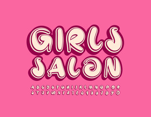 Fototapeta na wymiar Vector stylish Emblem Girls Salon with cute Font. Set of handwritten Alphabet Letters, Numbers and Symbols.