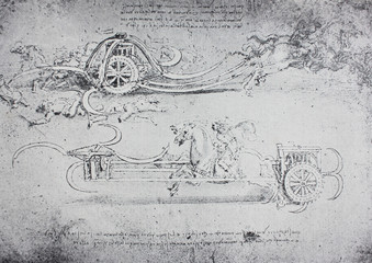 The sketches of weapon of horse with cart and knives by Leonardo da Vinci in the vintage book...