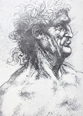 The sketch of the old man by Leonardo da Vinci in the vintage book Leonardo da Vinci by A.L. Volynskiy, St. Petersburg, 1899