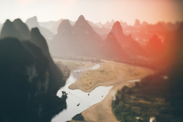 Li River, Guilin - Yangshou China. Tilt shift panorama of the river from above.