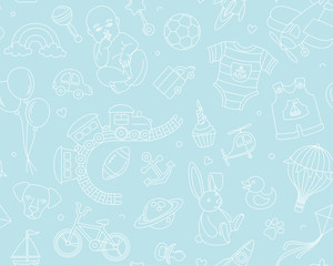 Newborn boy baby shower seamless doodle line pattern birthday party.