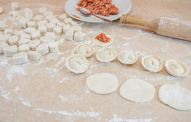 concept of cooking dumplings: dough, minced meat, flour, rolling pin on the kitchen table.