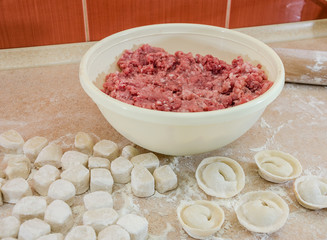 concept of cooking dumplings: dough, minced meat, flour, rolling pin on the kitchen table.