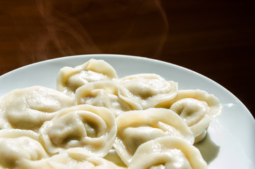 dumplings in a plate on a table close-up and white steam
