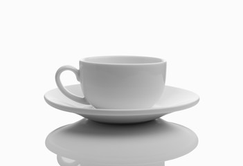 Isolated white empty cup with a saucer on white background