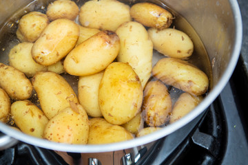 Jersey royal potatoes cooking in boiling water in a large saucepan