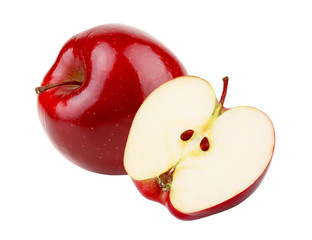 Red apple with apple half without shadows isolated on white background