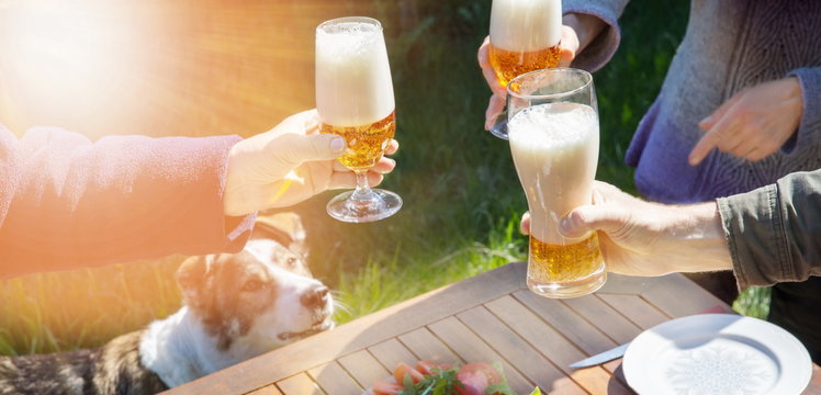 Family of different ages people cheerfully celebrate outdoors with glasses of beer proclaim toast.