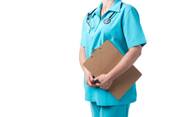 Medicine and healthcare concept. Doctor with stethoscope in clinic, close-up