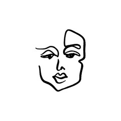 Simple hand drawn black and white trendy line drawing face. Abstraction. Monochrome print for clothes, textile and other. Vector
