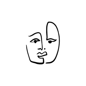 recommend clip art: Simple hand drawn black and white trendy line drawing face. Abstraction. Monochrome print for clothes, textile and other. Vector