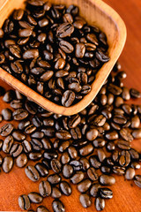 Coffee Beans In A Wooden Bowl On Rich Wood Background