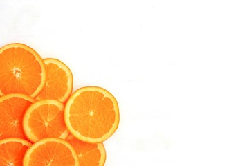 Fototapeta na wymiar Slices of orange on white background. Flat lay, top view.