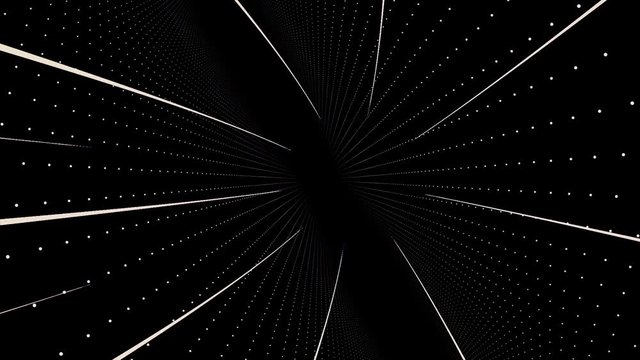 Monochrome abstraction of many rays coming from one shining point to another with moving white dots in rows. Animation. Glowing white beams of light on black background.