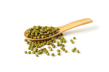 Mung beans in wooden spoon isolate on white background