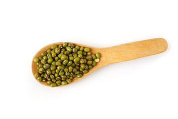 Top view Mung beans in wooden spoon isolate on white background