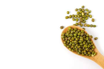 Top view Mung beans in wooden spoon isolate on white background