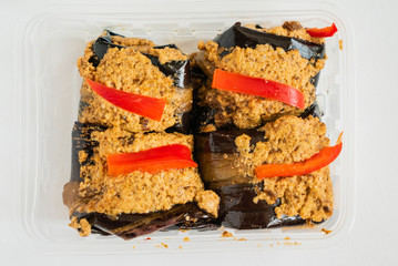 Appetizer of eggplant and nut sauce, pepper and garlic