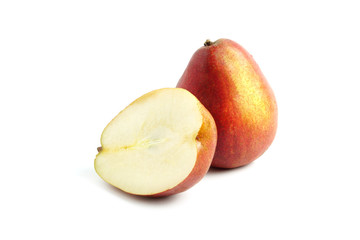 Ripe Red pears full and half fruit isolated on white background